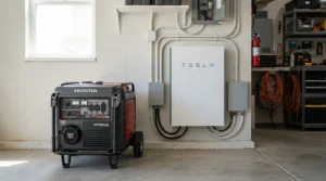 An expandable power station compared alongside fixed home battery storage solutions in a utility room.