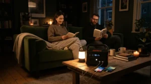 An expandable power station keeping lights and heating running during a winter power outage in a family home.