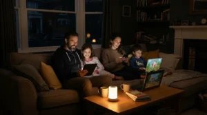 A family relaxing in the living room with essential devices powered by a 1000-1500Wh power station