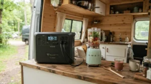 A 1000Wh high-capacity generator running an electric kettle in a campervan kitchen in the UK