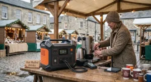 High capacity power station unit setup under a marquee canopy at a local outdoor market.