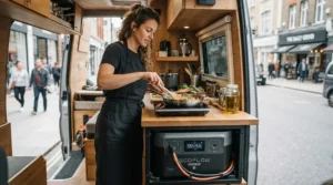 A high-capacity lithium battery pack supplying reliable electricity to a burger van setup in Manchester.