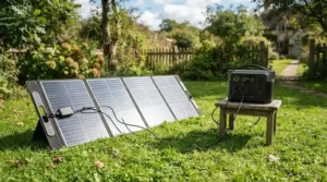A mid-size power station being recharged via solar panels in the garden, showing renewable energy benefits over petrol generators.