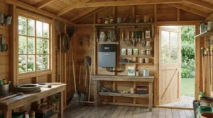 Compact storage of a mid-size power station on a garden shed shelf compared to bulky petrol generator storage.
