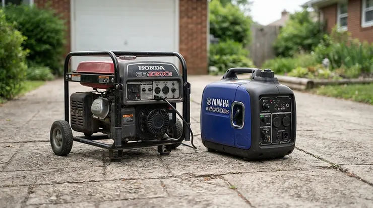 A mid-size power station and a petrol generator standing side by side outdoors, highlighting their physical size difference for backup power. mid-size power station vs petrol generator