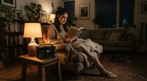 A mid-size power station keeping essential lights and Wi-Fi router running during a dark winter evening power cut.