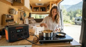 A compact battery generator powering professional catering equipment inside a mobile street kitchen in London.