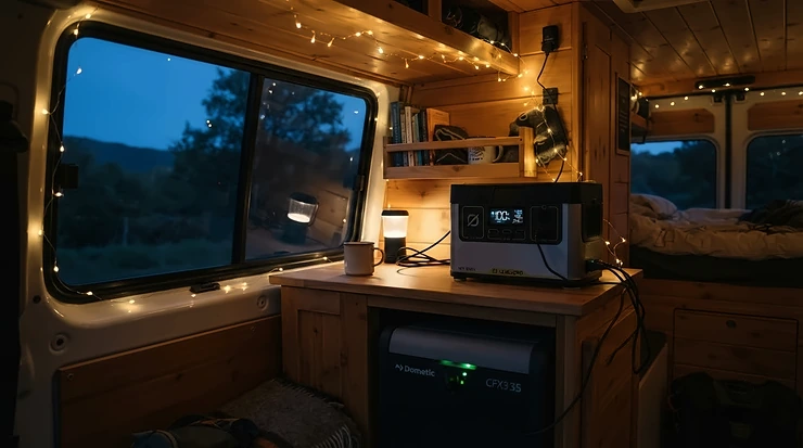 A compact 500-1000Wh portable generator powering a campervan setup in a scenic British national park