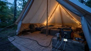 Camping setup featuring a 1000-1500Wh portable power station charging devices inside a tent