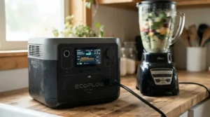 A portable power station 1500-3000Wh showing digital runtime statistics on its screen while powering kitchen gear.