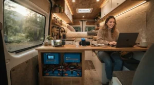 A portable power station 1500-3000Wh powering appliances inside a spacious campervan parked in the countryside.