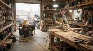 A portable power station 1500-3000Wh running heavy-duty power tools in an outdoor DIY workshop space.