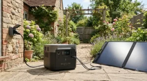 A portable power station 1500-3000Wh connected to solar panels and mains electricity for dual charging simultaneously.