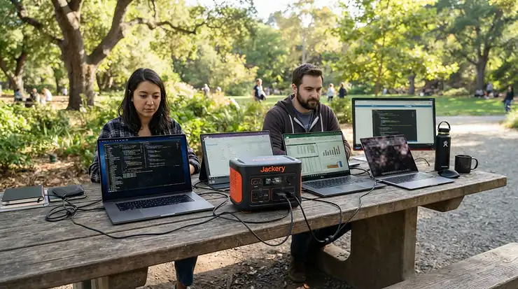 A portable power station 1500-3000Wh charging laptops and communication gear for remote remote working.