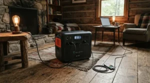 A portable power station 1500-3000Wh supplying electricity to lights and electronics in a remote wooden cabin.