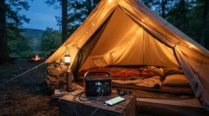 A portable power station 500-1500Wh powering fairy lights and devices inside a camping tent during an evening trip.