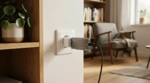 An emergency backup battery powering a laptop and router during a power cut in a British home