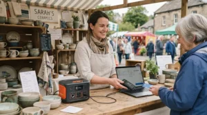 A portable power station 500-1500Wh operating a card payment reader and till at an outdoor craft market.