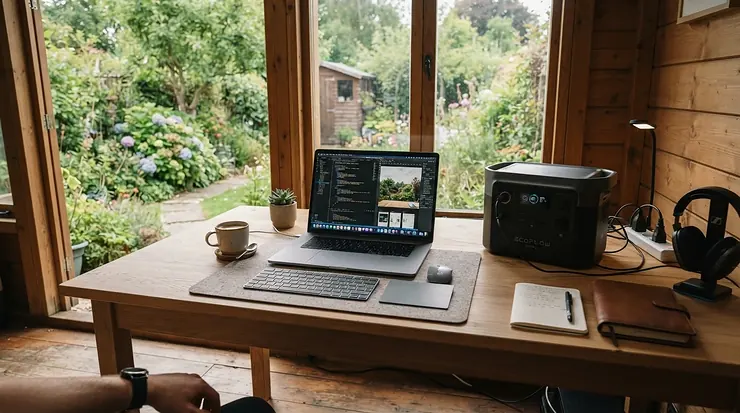 A backup power supply running a home office setup in a garden shed workspace