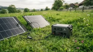 A solar generator connected to foldable panels capturing sunlight in a sunny country field