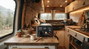 A lithium generator running appliances inside a converted campervan parked in Cornwall