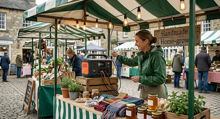 A vendor using a portable power station to run lights at a British outdoor market stall. power station for outdoor markets