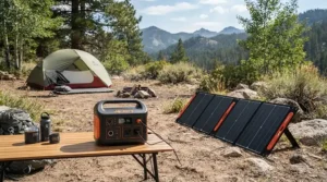 A portable solar generator in the 1000-1500Wh range powering camping gear at a UK campsite