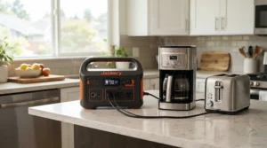 A 1000-1500Wh power station powering a kettle and fridge during a household power cut