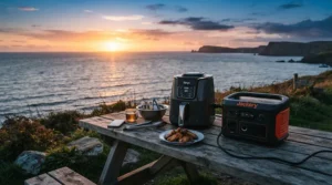Operating a compact air fryer with a reliable power station for camping cooking appliances at a coastal campsite.