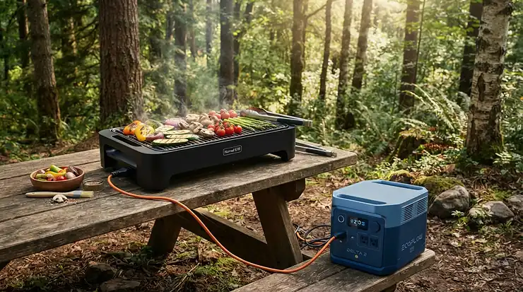 An electric grill connected to a versatile power station for camping cooking appliances as a campsite hookup alternative.
