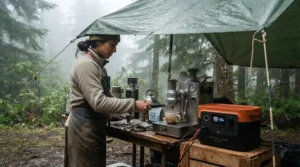 Brewing morning espresso with a compact power station for camping cooking appliances in a rainy national park.