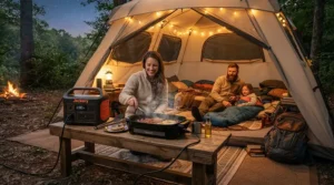 An eco-friendly power station for camping cooking appliances serving as a tent electric hookup alternative in the woods.
