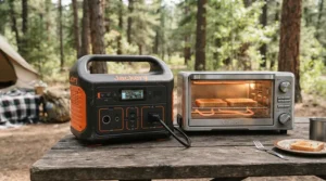 Demonstrating high-wattage appliance compatibility using a heavy-duty power station for camping cooking appliances.