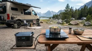 Running a portable induction hob with a power station for camping cooking appliances in a countryside meadow.
