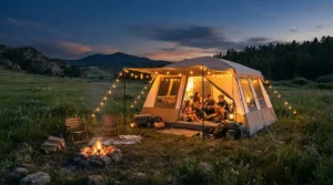 A power station for family camping powering fairy lights outside a large tent in Cornwall