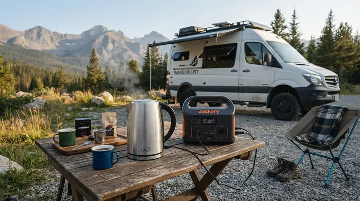Brewing morning coffee using a power station for family camping outside a campervan