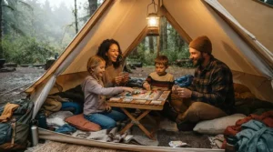 A power station for family camping powering indoor entertainment during a rainy afternoon