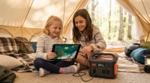 Children keeping devices charged with a power station for family camping at a scenic campsite