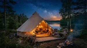 A quiet power station for glamping weekends providing ambient bedside lighting inside a bell tent at night.