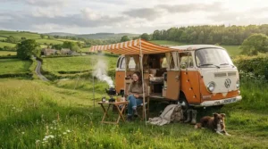 A portable power station for glamping weekends running a small coffee maker under a campervan awning.