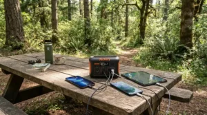 A convenient power station for glamping weekends charging mobile devices on a wooden picnic bench outdoors.