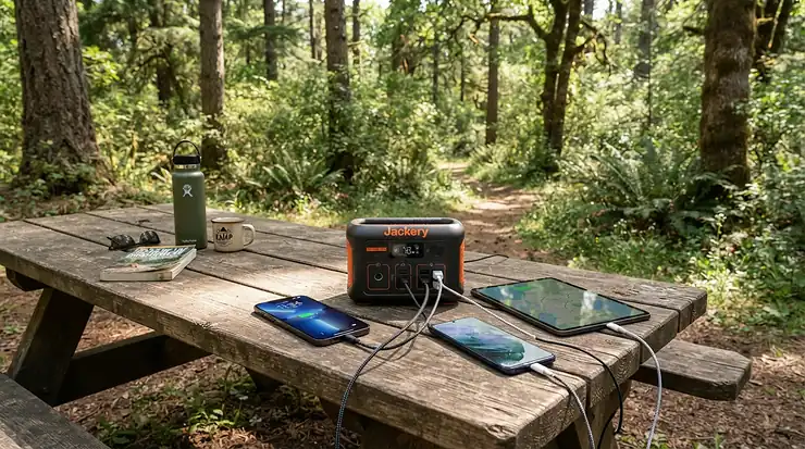 A convenient power station for glamping weekends charging mobile devices on a wooden picnic bench outdoors.