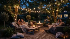 A silent power station for glamping weekends powering festoon lights for an evening outdoor gathering.