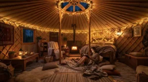 A compact power station for glamping weekends powering fairy lights inside a traditional yurt.