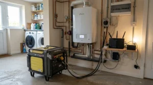 A high-capacity power station for medical equipment home backup also supplying electricity to a gas boiler and internet router.
