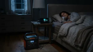 Ensuring nighttime safety with a quiet power station for medical equipment home backup running a quiet nebuliser.