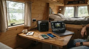 Using a power station for weekend trips inside a converted campervan to charge gadgets