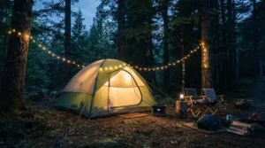 A portable power station for weekend trips powering fairy lights outside a camping tent at dusk