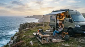 A power station for weekend trips supporting a remote coastal campervan getaway near rugged cliffs