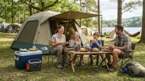 A family using a power station for weekend trips to run an electric cool box at a campsite